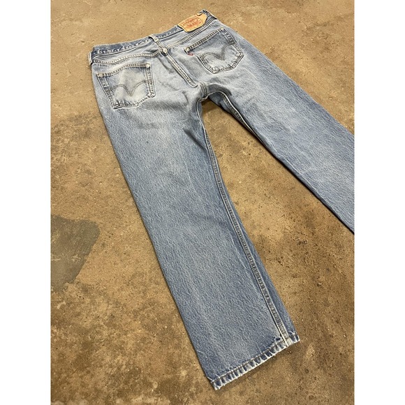 Levis 501 XX Jeans Mens 36x27 Light Wash Blue Straight Leg Button Fly Distressed - Picture 12 of 16